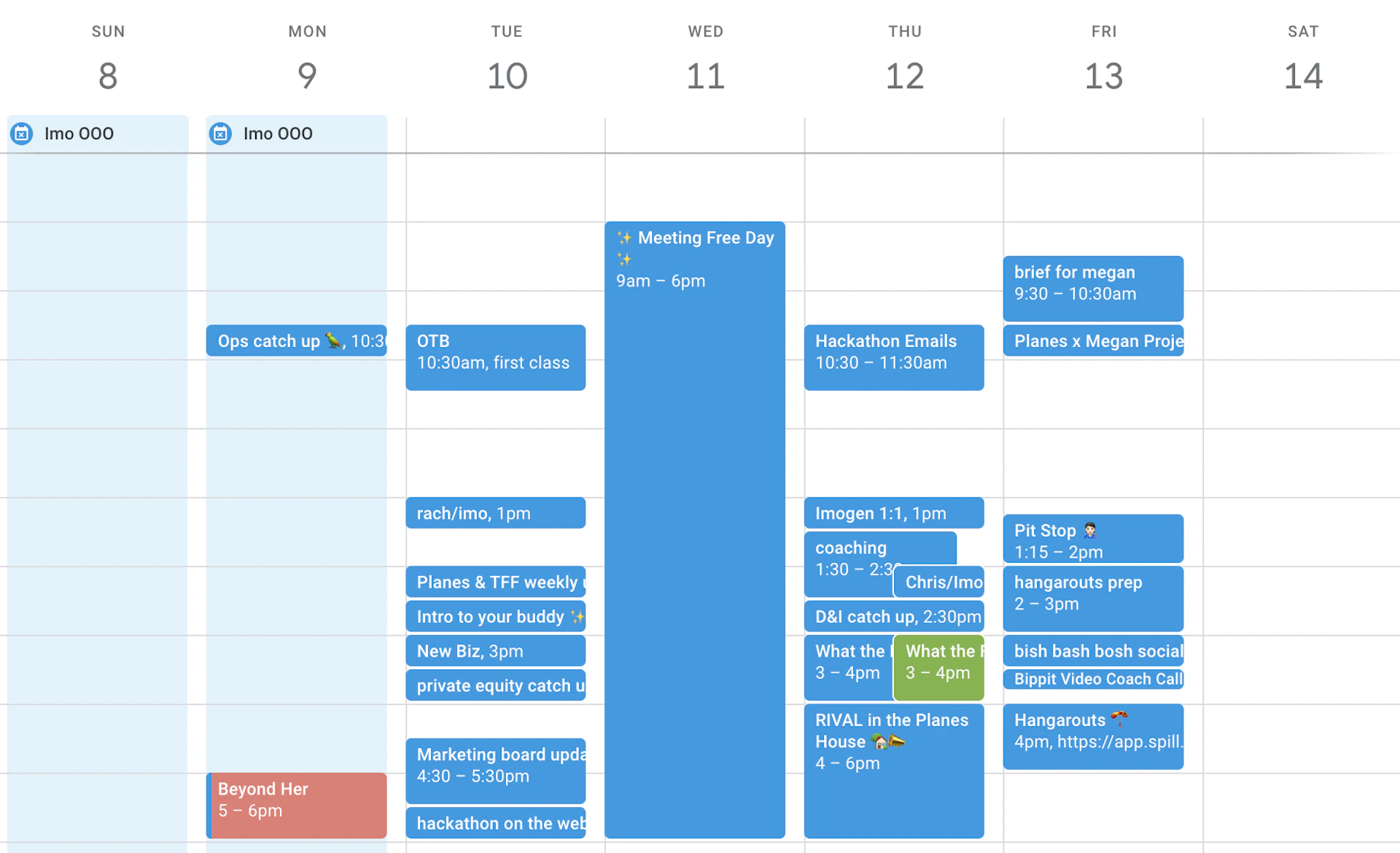 A full day block in Imogen's diary for Meeting Free Wednesday