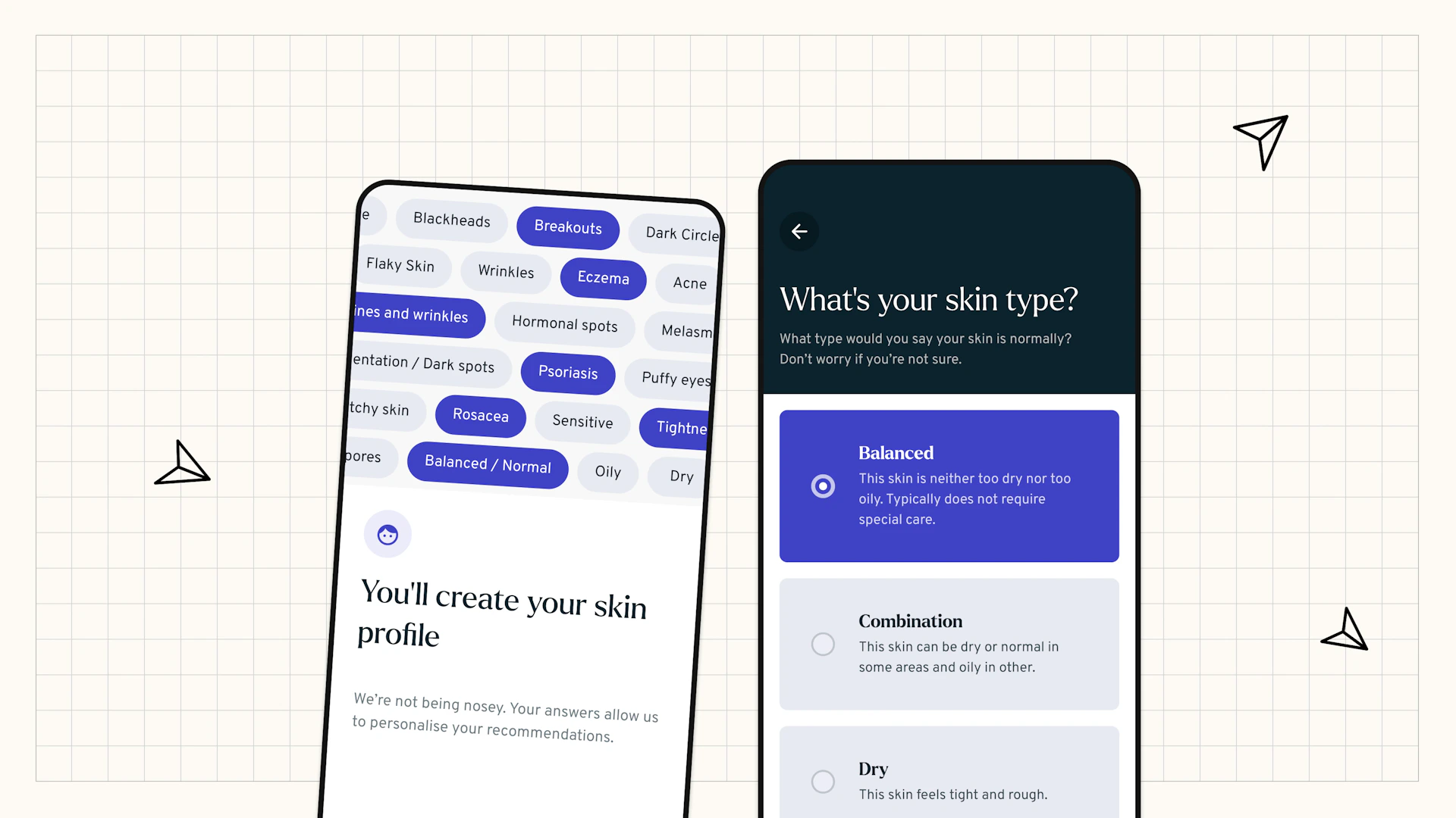Two smartphone screens display the Skin Rocks app, with personalisation options for skin types like "Balanced," "Combination," and "Dry.