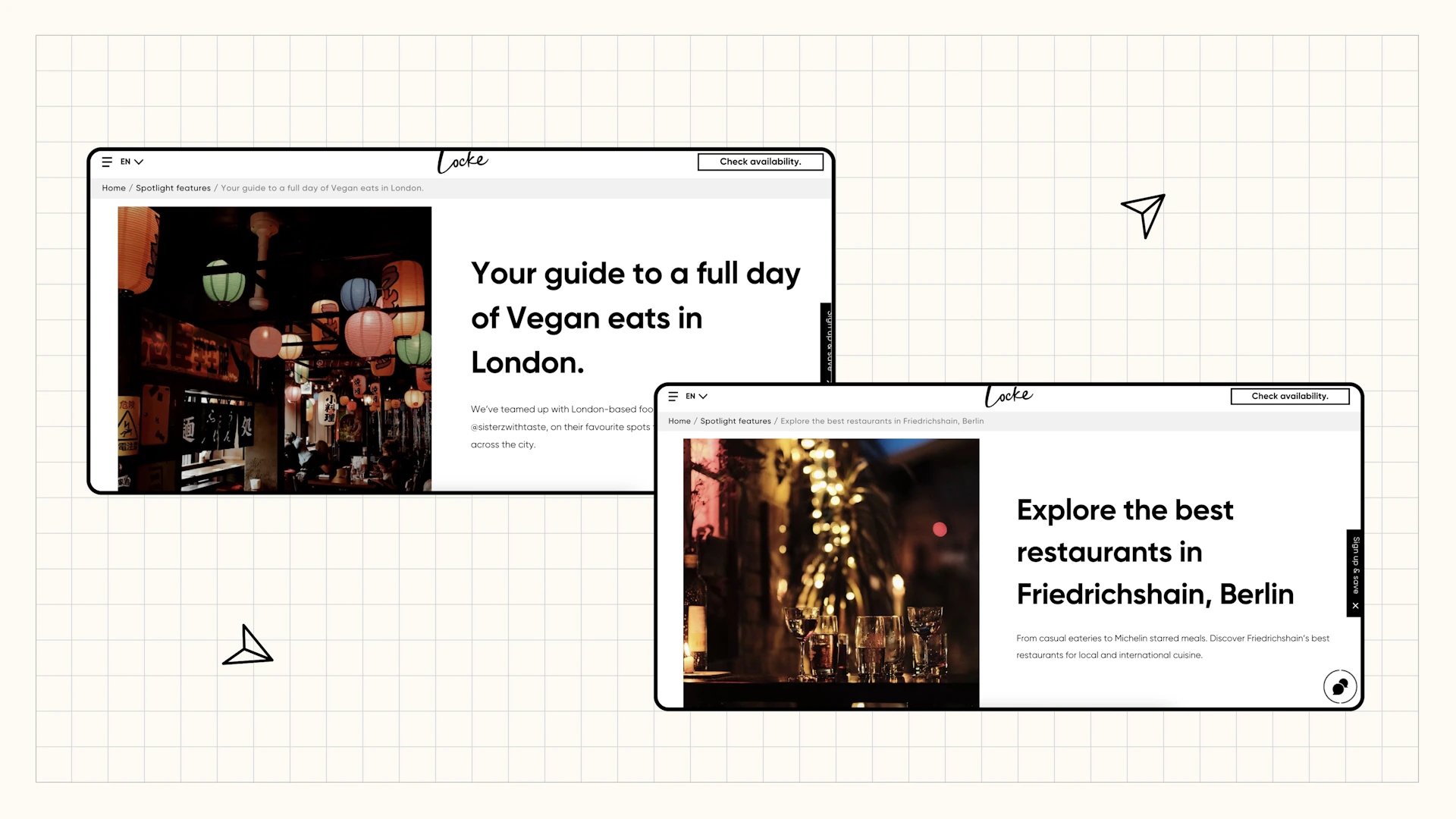 Two website pages showing guides for vegan food in London and best restaurants in Friedrichshain, Berlin.