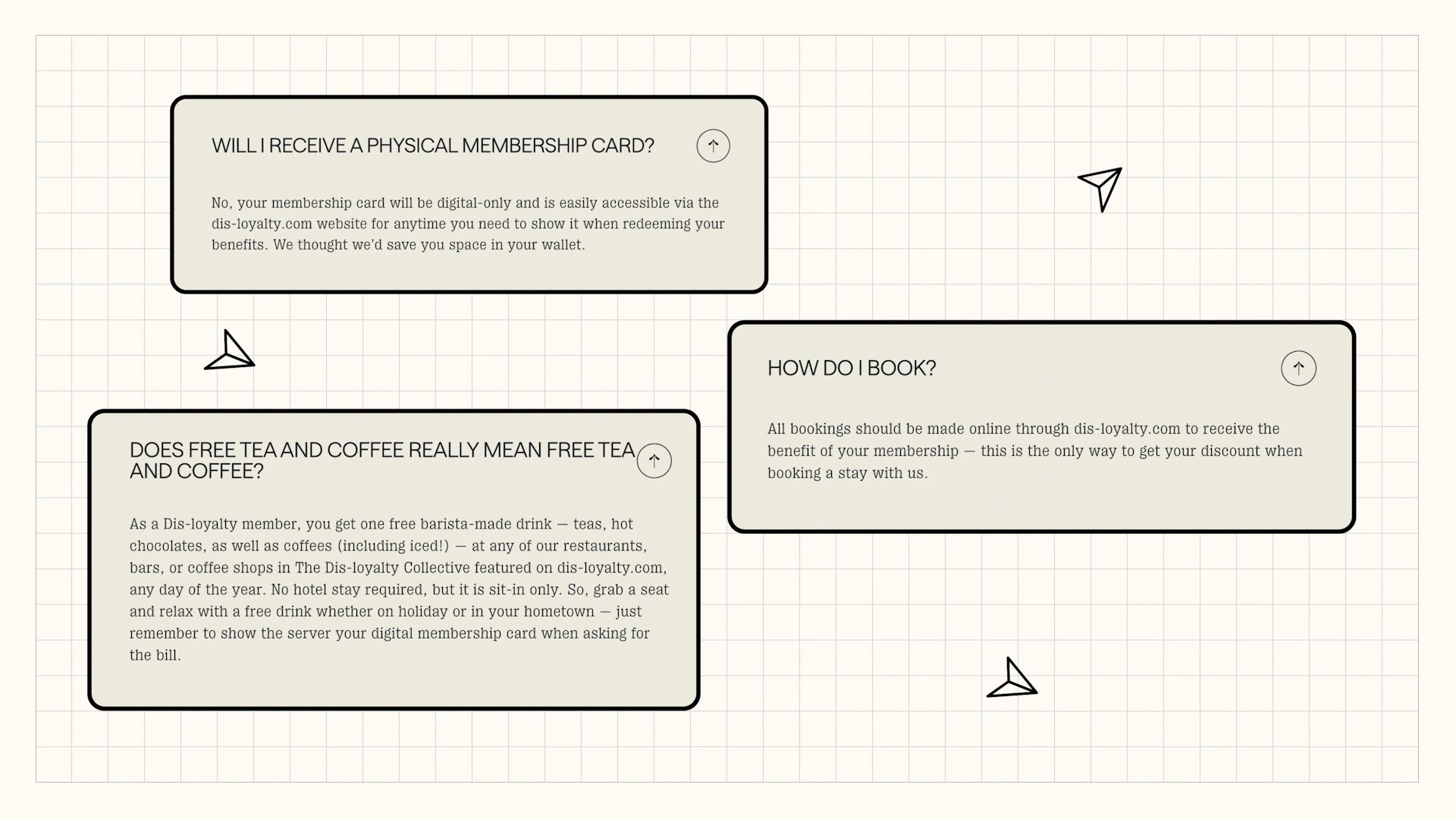 An FAQ section with questions about membership cards, booking, and complimentary tea and coffee.